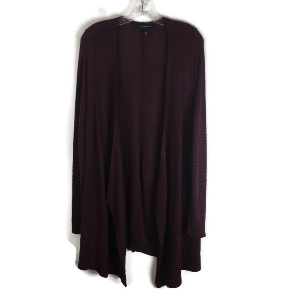 Lane Bryant Ribbed Knit Open Front Long Sleeve Cardigan in Burgundy